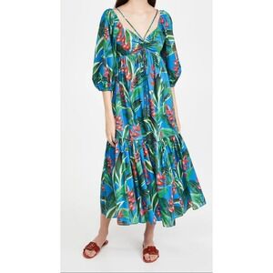 Farm Rio Dream Garden Midi Dress Cotton Puff Sleeve Womens Medium Blue Tropical